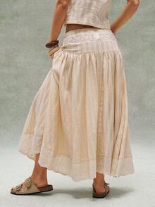 Bohemela Women's Summer Casual Romantic French Style Beachwear Bohemian Country Music Festival Jacquard Woven Patchwork Embroidered A-Line Elastic Waist Loose Long Skirt, A Relaxed And Free-Spirited Style, Fashionable Women's Clothing, Beachwear, Summer Vacation Wear. - Apricot - View 7