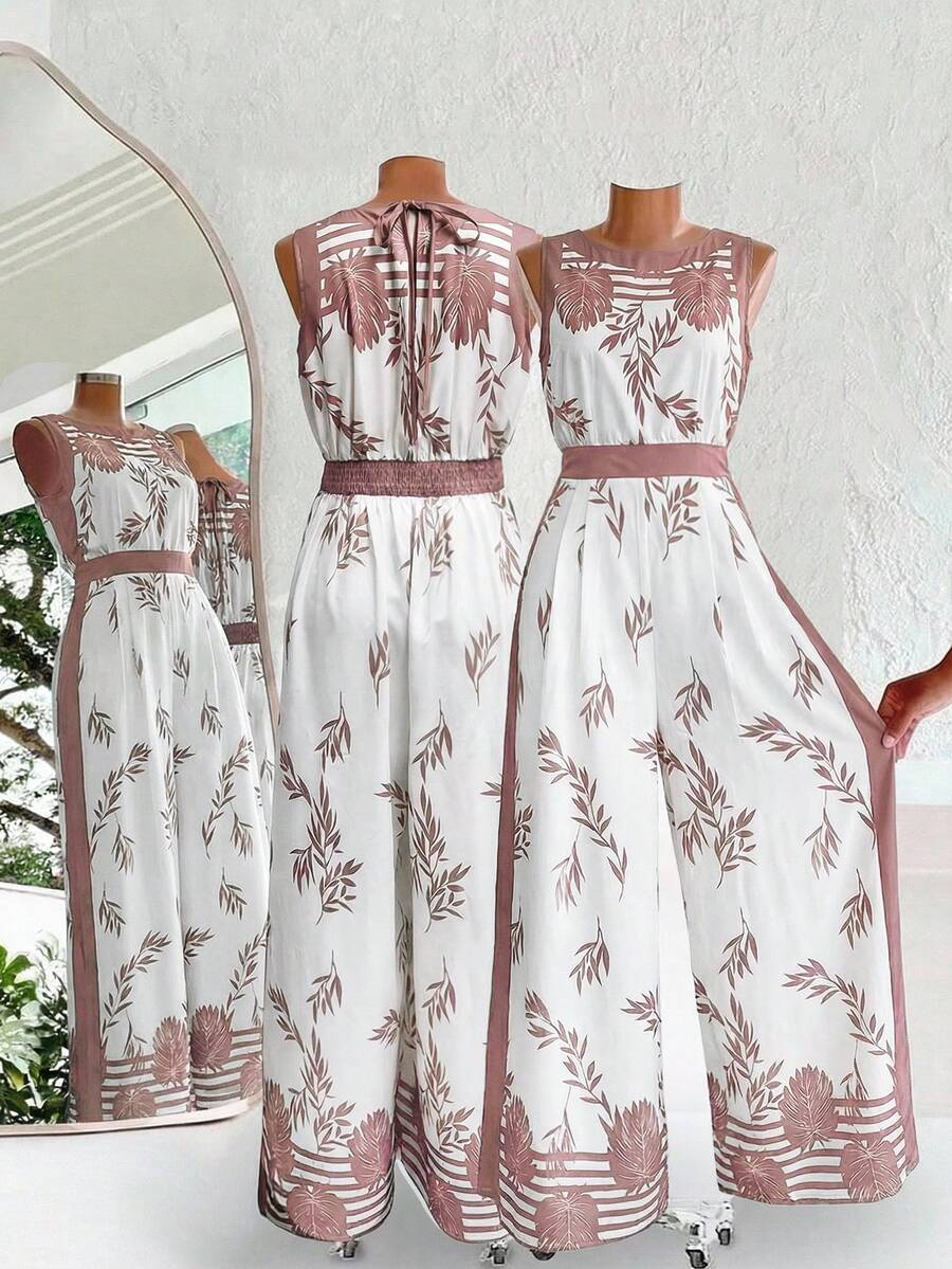 Ellevyn 女士全印花圆领扭结前襟无袖连体裤 - 彩色 - 查看 1