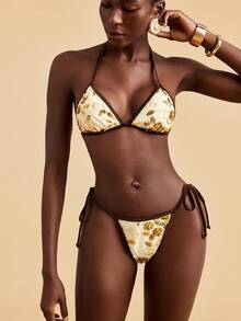 Travachic Women's White Floral Sequin Halter Tie Bikini Swimwear Set,Boho Summer Holiday Beach Vacation Outfits,Elegant Festival Outfits Beach Party - Multicolor - View 5