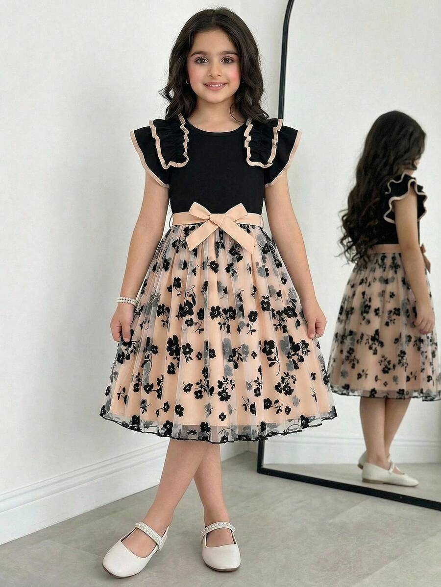 少女夏季优雅撞色滚边网纱荷叶边连衣裙 - 黑色 - 查看 1