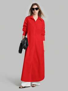 Ontre 2026春夏新款女士休闲宽松度假套装衬衫，红色长款衬衫，女士衬衫，女士纽扣衬衫，通勤装，夏季商务休闲女士度假海滩生日派对服装，女士教师装，女士职业装 - 紅色 - 查看 11