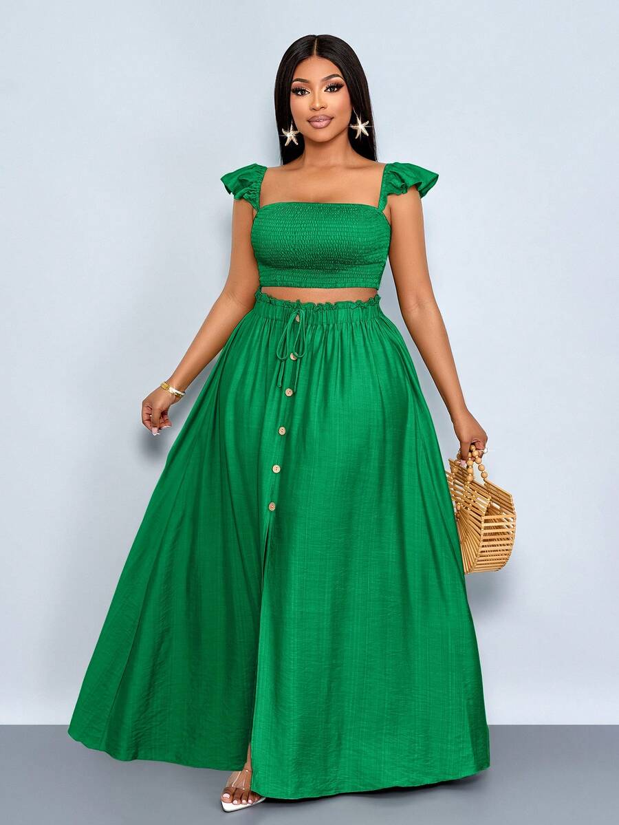 SOLERSUN 大码女士度假浪漫优雅亚麻质感露肩小飞袖短款上衣搭配A字前开衩长裙套装，女士两件套，休闲日常穿着，适合日常穿搭、购物、约会和海岛度假，享受静谧奢华假期 - 綠色 - 查看 1