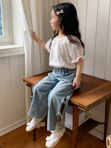 DAZY Jeans de mezclilla casual con moño para niña - Azul lavado medio - Ver 2