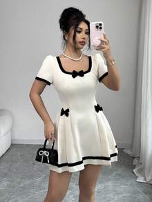 Rafferiza Vestido casual corto de línea A con cuello cuadrado, manga corta, lazo en la cintura y diseño elegante francés de cinta negra para mujer en verano - Albaricoque - Ver 4