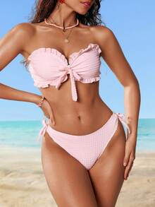 Swim Mod Bộ bikini nữ Xuân/Hè 2022, 2 mảnh, họa tiết kẻ caro tươi tắn và ngọt ngào, viền bèo nhún tinh tế, nơ trang trí, áo bikini quây và quần lót thoải mái, màu hồng nhạt, thanh lịch, thích hợp cho bãi biển, kỳ nghỉ và mặc hàng ngày. - Màu Hồng baby - Xem 5