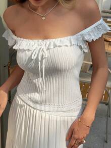 Livesso Women's Off-Shoulder Twist Design Ruffle Casual Versatile Knit Top For Daily Wear - White - View 1