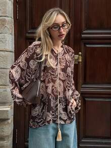 Livesso Áo sơ mi nữ màu nâu in hoa điều, thích hợp cho kỳ nghỉ hè ở bãi biển. - Cà phê nâu - Xem 5