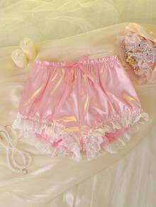 DelicateAllure Plus Size Satin Doll Frill Trim High Waist Briefs Frilly Panties Silk Panties Ruffle Panties Satin Panties Kawaii Panties - Pink - View 6