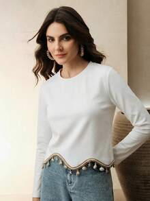 Anewsta Áo thun tay raglan cổ thuyền thiết kế bất đối xứng thanh lịch với tua rua hình cầu, thích hợp cho mùa xuân/hè, lễ hội, tốt nghiệp, trang nhã, ngày lễ, thường ngày. - trắng - Xem 7