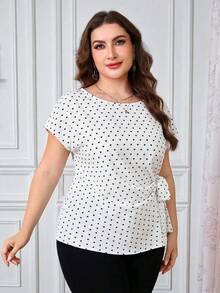 Reflora Plus Size Women Heart Print Round Neck Short Sleeve Side Tie Blouse, Summer Tops - White - View 6