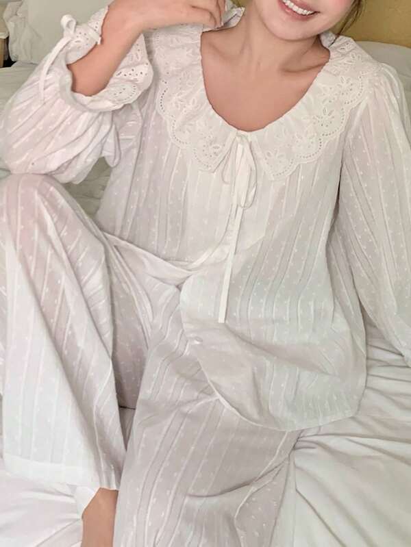 Dazy Plus Plus Size Women Comfortable Mesh Embroidered Long Sleeve Pajama Set