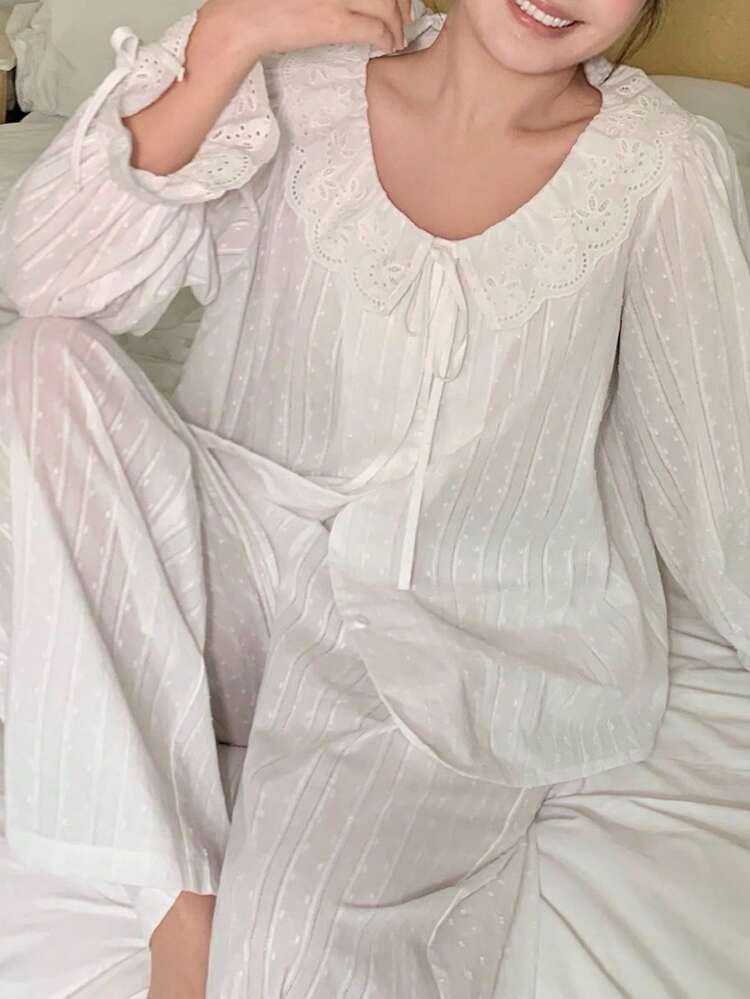 Dazy Plus Plus Size Women Comfortable Mesh Embroidered Long Sleeve Pajama Set