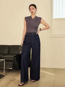 Dazy-Less 女士休闲斜插口袋阔腿牛仔裤 - 藍色 - 查看 8