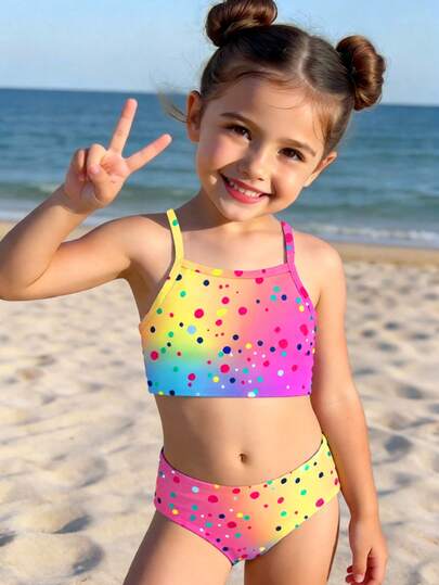 SHEIN Ombre Gradient Print, Beach Vacation Vibe, Young Girls Casual Minimalist Fitted Camisole & Triangle Bikini Swimsuit Set, Suitable For Summer Chill Vacation, #Coconutgirl