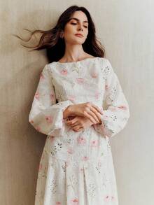 Anewsta Women's Elegant White And Pink Floral Print Maxi Dress,Long Sleeve Casual Loose Summer Cottagecore Party Dress,Minimalist Wildflower Floral Applique - Multicolor - View 1