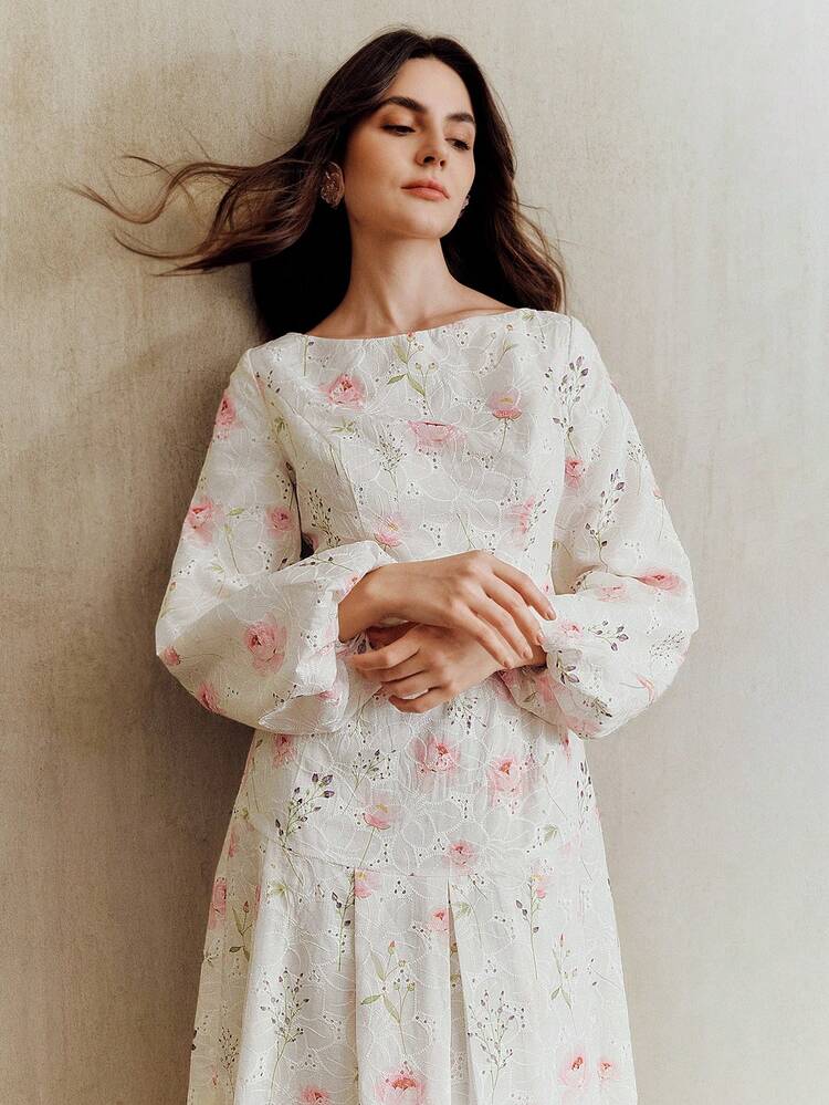 Women's Elegant Loose Minimalist Floral Print Maxi Dress, Suitable For Birthday, Vacation, Valentine's Day, Women's Day, Mother's Day Floral Applique Dress Wildflower Dress Long Sleeve Summer Dresses Flower Dress Woman Cottagecore Dress