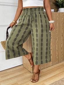 SHEIN Frenchy 大码女式度假荷叶边腰带阔腿宽松休闲七分裤 - 彩色 - 查看 6