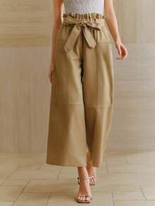 Anewsta 女士夏季通勤套装，腰部荷叶边设计七分裤，高腰蝴蝶结腰带裤，优雅的女士办公室套装，自然腰线。适合日常出行、通勤、聚会和度假。 - 卡其色 - 查看 6