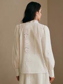 Anewsta Spring New Design Hollow Embroidery Solid Color Ribbon Long Sleeve Blouse For Women - White - View 3