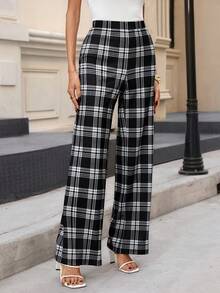 Editum 女士弹力针织格子黑色喇叭裤，优雅百搭，适合日常穿着、通勤、春夏穿着，格子裤，女士办公裤，商务休闲女裤，女士格子长裤，黑白格子裤，喇叭裤，弹力针织，办公裤，女士春夏格子裤 - 黑與白 - 查看 14