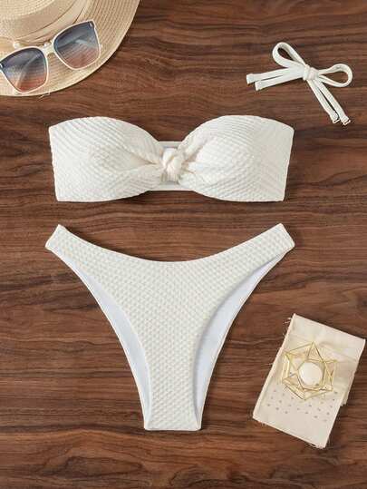 SHEIN Swim 夏日海灘扭結細節露肩比基尼套裝婚禮