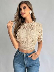 Firerie Women's Summer Lace Sheer Solid Color Round Neck Short Sleeve Camisole Shirt,Summer Top - Beige - View 3