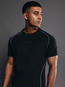 SUMWON 男士修身短袖圆领T恤，撞色滚边细节和简约胸前Logo，休闲运动装 - 黑色 - 查看 4