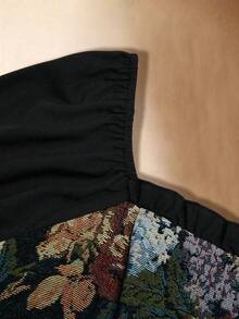 Sweetra 大码宫廷风提花拼布长袖连衣裙 - 黑色 - 查看 8