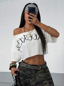 StreetHx Tall Streetwear Women's Letter Print Asymmetric-Shoulder Short Sleeve Sweatshirt - White - View 1