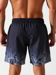 Surfspeed 男士渐变植物印花抽绳腰带沙滩短裤，夏季 - 黑色 - 查看 2