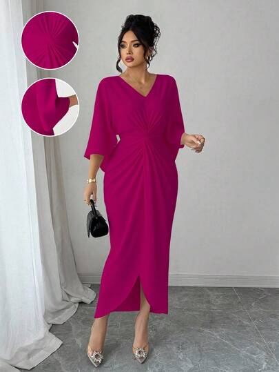 Elenzga Plus Size V-Neck Cinched Waist Bodycon Dress Purple Hot Pink