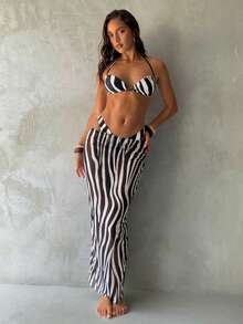 Aloruh 3 Pieces Zebra Print Bikini Set With Wooden Bead Decor,Halter Tie Waist Maxi Skirt,White,Summer,Casual,Party,Vacation,Holiday Beach Outfits For Women - Multicolor - View 5