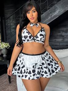 Fantasy Costume Fantasy Costume 3 Peças Conjunto de Lingerie Plus Size com Renda e Estampa de Vaca, Conjunto de Lingerie Feminina com 2 Peças Sexy, Conjunto com Estampa de Vaca, Conjunto com 2 Peças com Estampa de Vaca - Preto e Branco - Visão 6