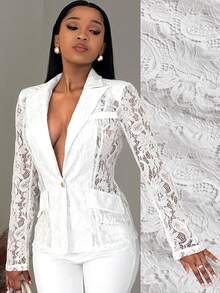 BamGleam Women's Lace Sheer Lightweight Vacation Style Blazer, Summer - White - View 1