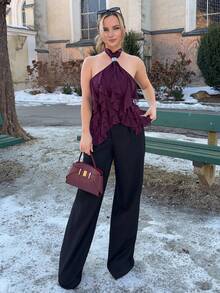 Jeta Ari 女式优雅多层荷叶边立领修身背心 - 中紫紅色 - 查看 7