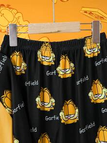GARFIELD | SHEIN Bộ đồ mặc nhà 2 mảnh dành cho bé trai tuổi teen, in hình hoạt hình, phối màu vàng tương phản, gồm áo thun dài tay và quần dài in họa tiết toàn thân. - Màu vàng - Xem 5