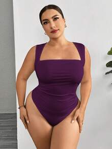 SHEIN Essnce Plus Size Women's Summer Casual Tight Tank Bodysuit, Summer , Curve , Brunch Outfit - Purple - View 6