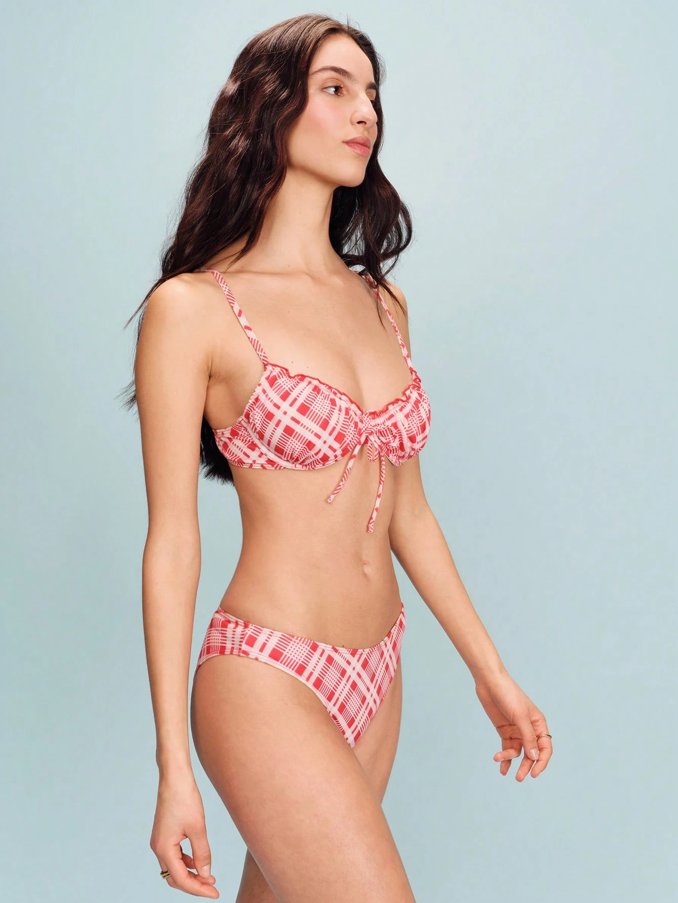 レッドとピンクのチェック柄ワイヤー入りビキニセット、ヴィンテージスタイル かわいい 春夏ボヘミアン バケーション水着 春夏ホリデー水着 ビーチウェア チェック柄 水着 チェック柄ビキニ ギンガムビキニ スイムオアシス 2ピース