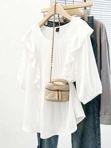 GlowEve CURVE 大码女式纯色圆领灯笼袖荷叶边下摆拼接宽松衬衫 - 白色 - 查看 7