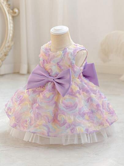 Glamorique Kids Baby Girls' Purple Dress, Colorful 3D Floral Embroidery Sleeveless Dress With Bow Decor, Elegant Luxury Infant Birthday Party Dress, Holiday Dress, Wedding Guest Dress, Sweet Cute Tulle Dress