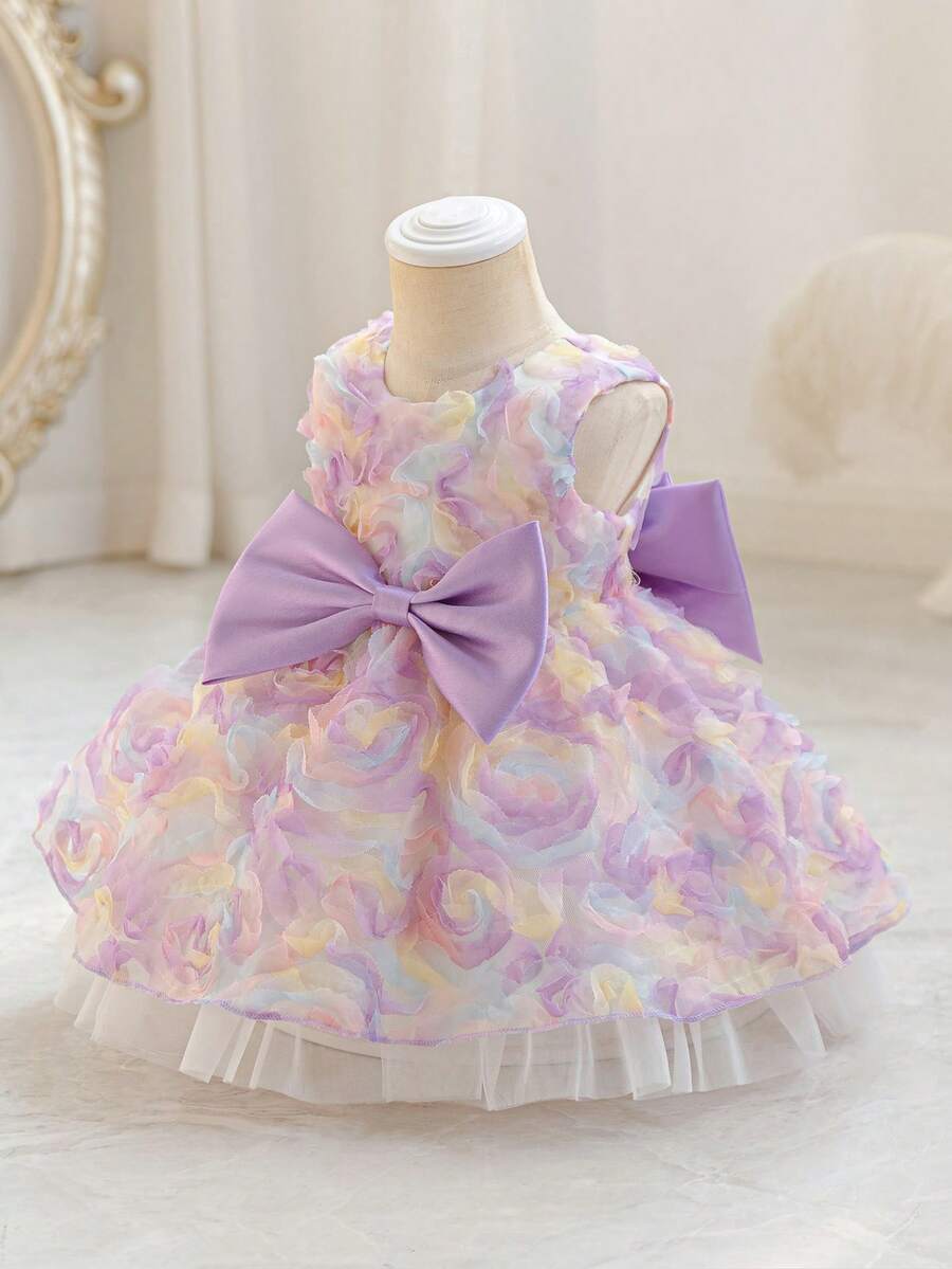 Glamorique Kids 女婴紫色连衣裙,彩色3D立体花卉刺绣无袖连衣裙,饰有蝴蝶结,优雅奢华,适合女婴生日派对、节日、婚礼宾客等场合,甜美可爱的薄纱连衣裙,女婴公主裙,女婴生日礼服,女婴连衣裙,婚纱,花童礼服 - 紫色 - 查看 1
