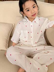 DAZY Young Girl Heart Print Button Front Short Sleeve Top And Pants Pajama Set - White - View 9