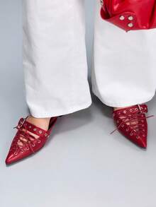 CUCCOO GRLICON Sepatu Hak Tinggi Wanita Model Baru Warna Merah dengan Hiasan Stud dan Gesper, Model Bertali - Merah - View 2