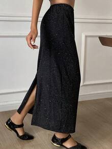 DAZY Women's Elastic Waist Shiny Long Skirt - Black - View 6