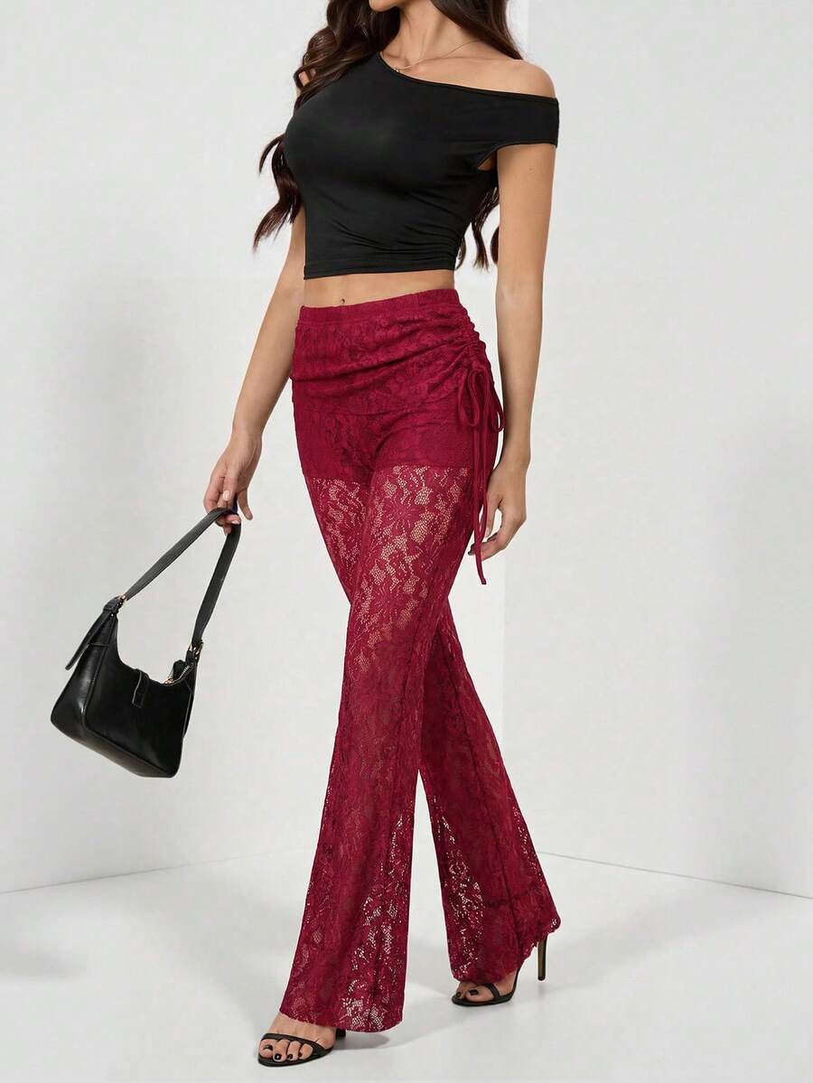SHEIN Tall 女款復古側抽繩街頭時尚修身蕾絲喇叭褲，高個女性適用