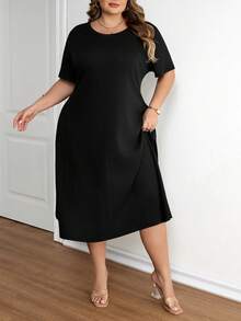 SHEIN CURVE+ Plus Size Women's Basic Versatile Solid Color Hidden Pocket A-Line Dress - Black - View 7