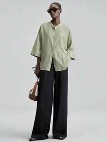 Ontre 2026春夏新款薄荷绿舒适柔软面料宽松七分袖优雅婚礼宾客衬衫，简约浪漫法式时尚奢华都市商务休闲办公装，低调复古高端通勤机场邮轮必备百搭季节性新娘衬衫 - 綠色 - 查看 4