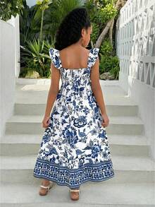 Vestido largo de verano con cuello cuadrado, estampado floral retro azul, para niñas preadolescentes - Vestido de verano, vestido floral, cuello cuadrado, conjunto a juego madre e hija - Azul - Ver 3