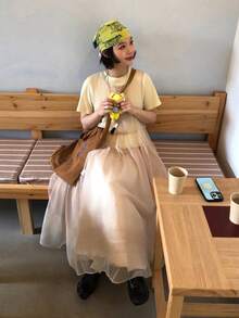 DAZY 女士纯色圆领荷叶边网纱无袖中长连衣裙 - 杏色 - 查看 7
