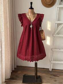 Rusticease Plus Size Red Jacquard Pocket V Neck Cap Sleeve Dress Vacation Beach Spring Summer 2026 - Burgundy - View 6